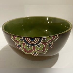 Pier 1 "Global Medallion" Brown Green Bowl Soup Cereal Scrolls Dots